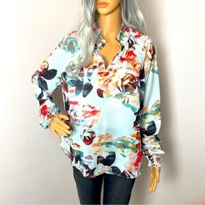 Robert Rodriguez Boho Floral Blouse – Smocked Collar, Long Sleeve – Medium